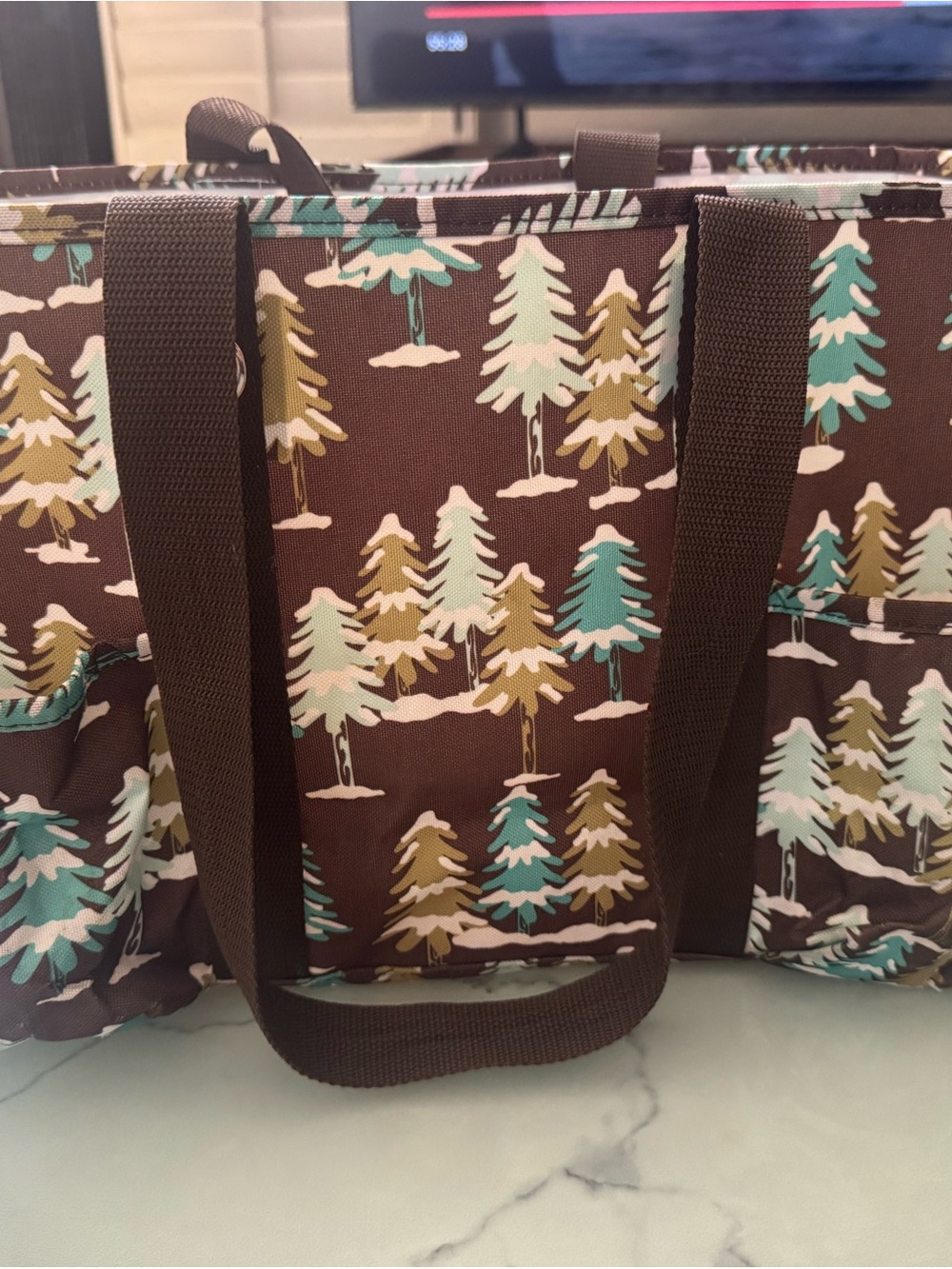 Thirty-One Utility Tote Brown Tree Forest Print